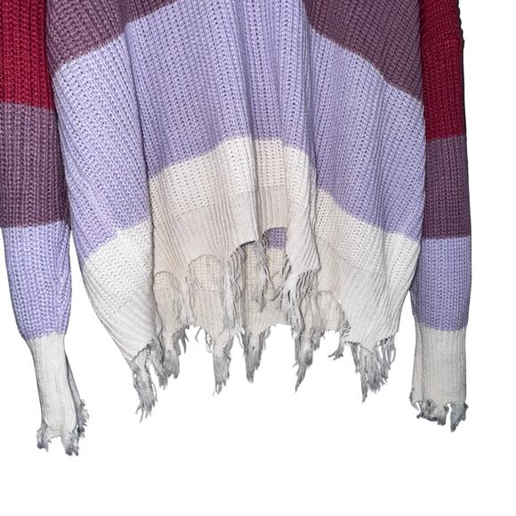 Rue21 Multicolor Striped Distressed Knit Sweater XL Fringe Hem Boho Cozy - Picture 2 of 6